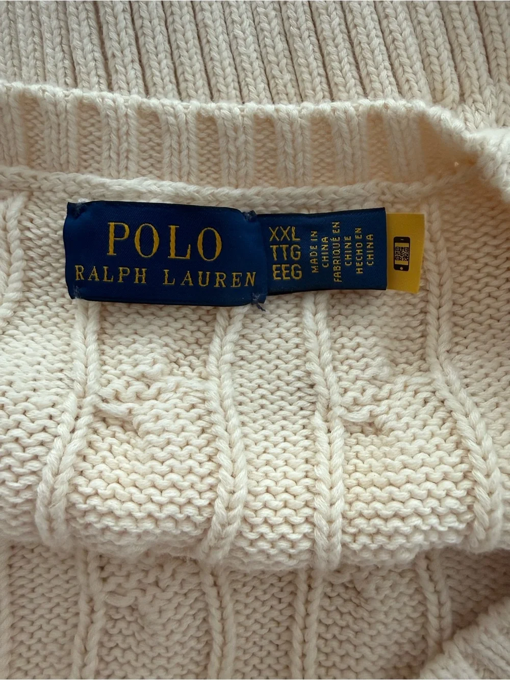 Polo Ralph Lauren Cable Knit Sweater Cream Cotton Size XXL 1967 Spellout Varsity
